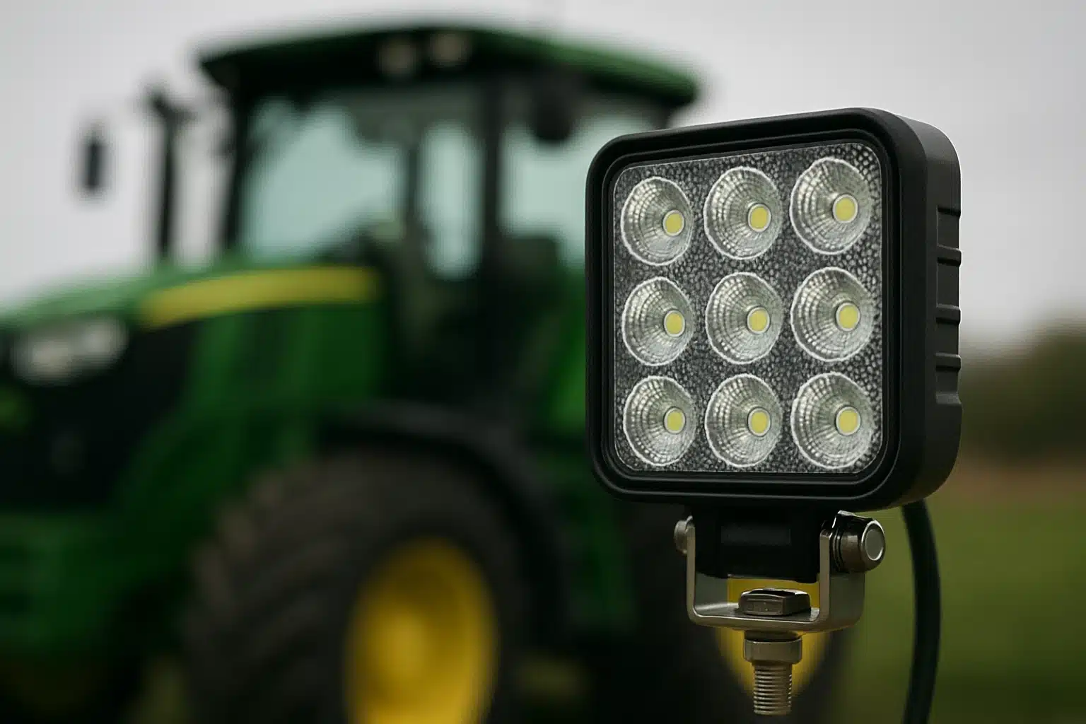 Traktor mit LED-Scheinwerfer im Fokus auf Feld
