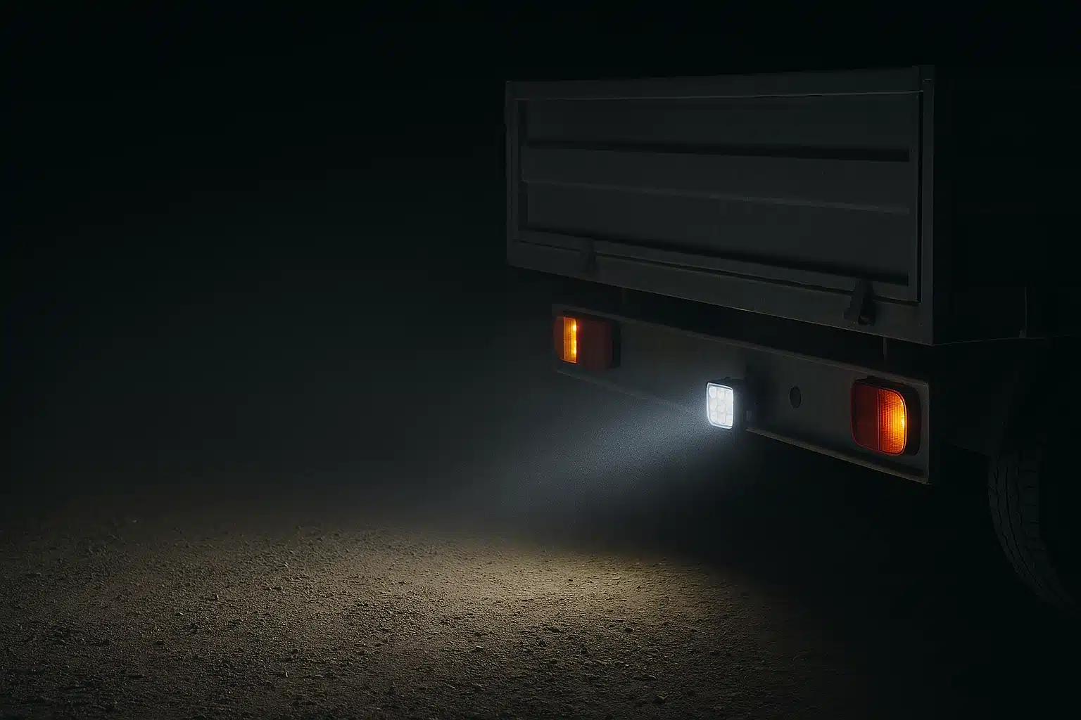 Rücklichter eines Lastwagens leuchten in der Dunkelheit.