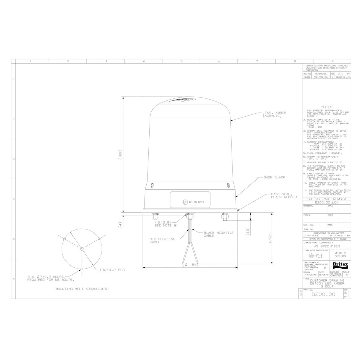 LED Rundumleuchte amber | 12-24v | 1 Bolzen | B200 serie | R65 | B200.00.LDV – Bild 2