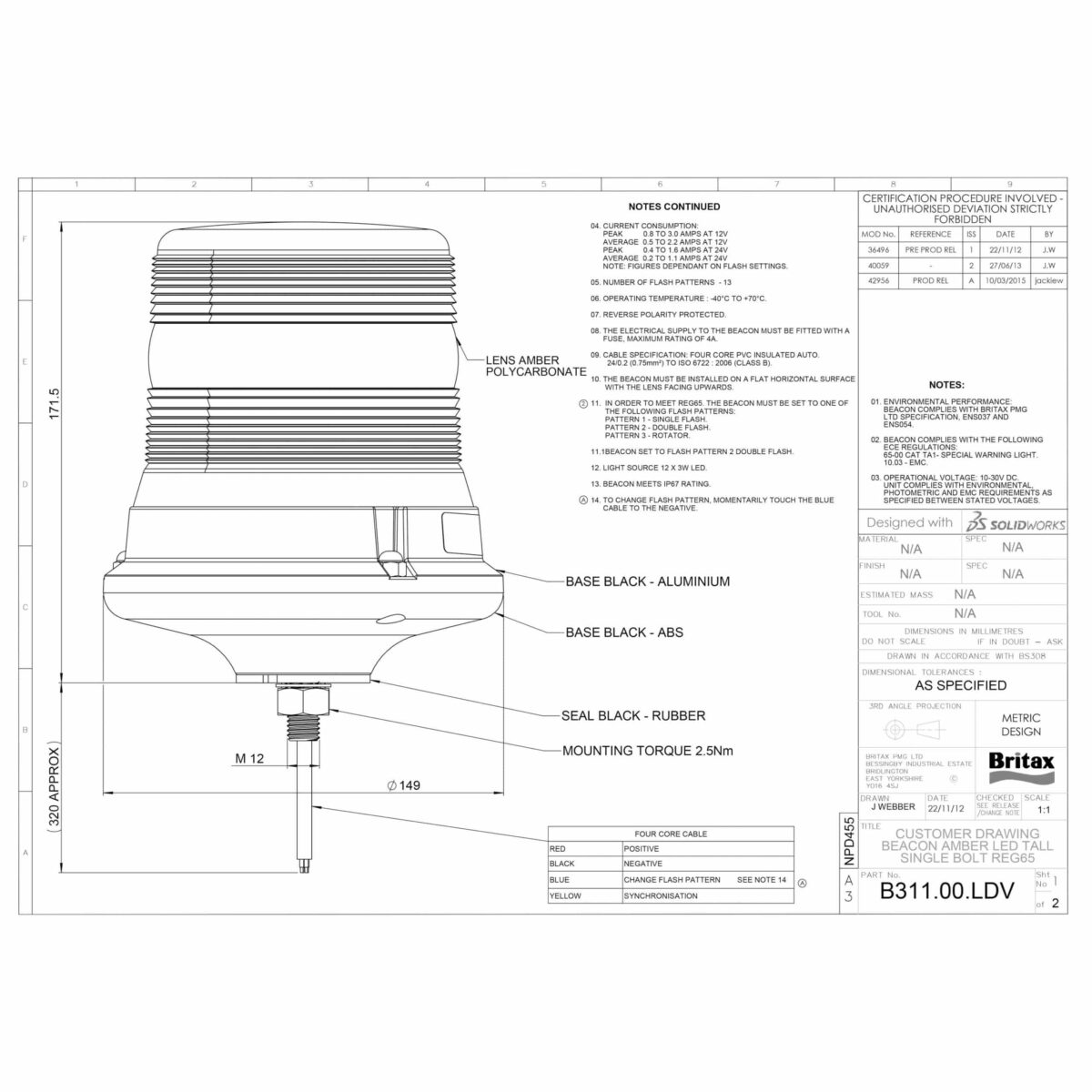 LED Rundumleuchte | R65 | amber | 12-24v | 1-Schraube | B311-serie | B311.00.LDV – Bild 2